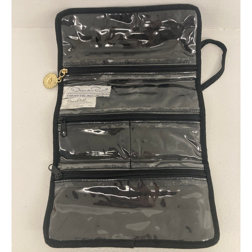 VTG Oscar de la Renta Black Sateen Travel Cosmetic Roll Organizer Essentials Hot